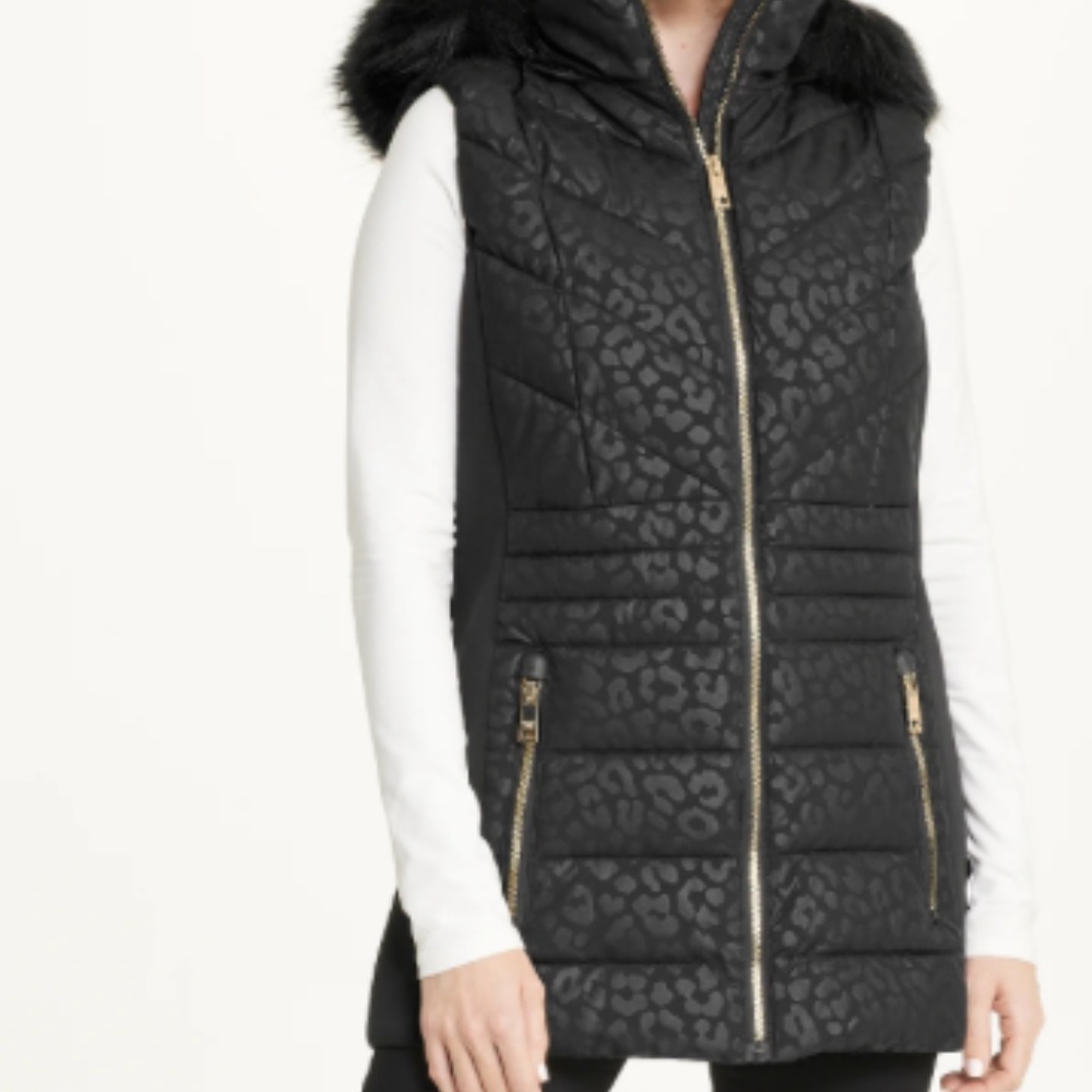 Michael Kors - Women's Zip Front Vest With Faux Fur Trim Hood Black - Size L